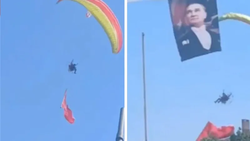 19 Mayıs gösterisinde korkutan anlar! Paramotor kamyonetin üzerine düştü